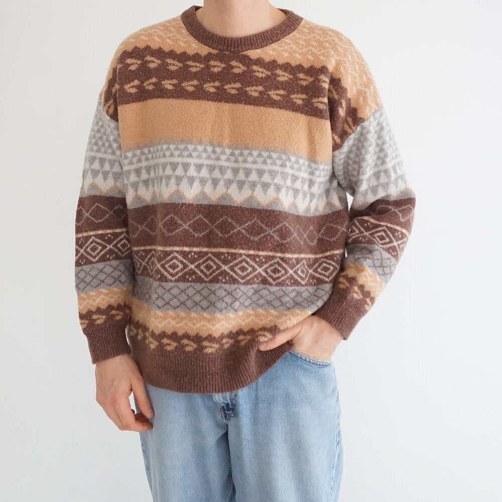 VTG Brown Fair Isle Nordic Warm Geometric Pattern Cottegecore Knit Sweater L